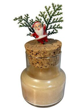 Santa Themed Candle Cork Lid Greenery Glass Jar Cream Wax  6" Vintage